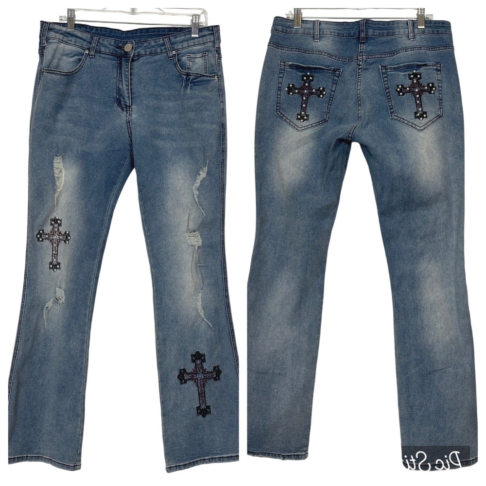 Cross Embroidered Flare Jeans Womens XL Blue Distressed Gothic Y2K Grunge Punk